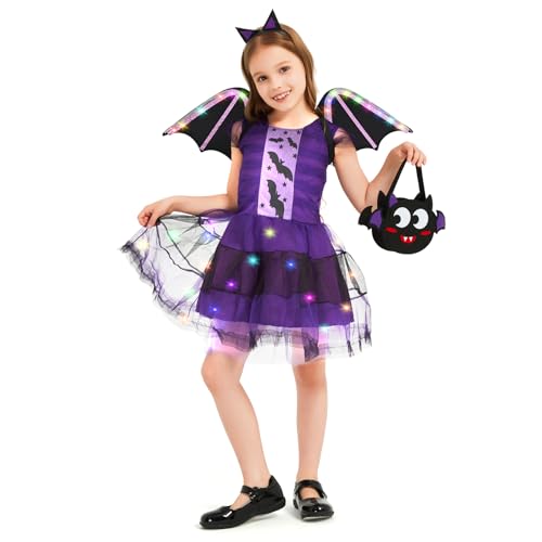 HERMORRYSS Fledermaus Kostüm Kinder, Tutu Kleid Set mit Haarband, Fledermausflügeln und DIY-Filztasche, little bat kostüm, Leuchtende Fledermauskostüm für Halloween Kostüm Cosplay Party (XL) von HERMORRYSS