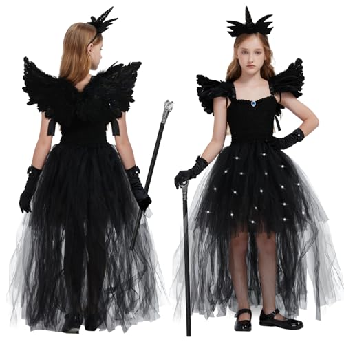 HERMORRYSS Hexen Kostüm für Mädchen, Halloween Hexenkostüm Kinder, Böse Königin Hexe Kleid Set mit Zepter und Flügel, Mal Tüllkleid Festkleid Schwarz für Halloween Fasching Karneval Cosplay Party (L) HERMORRYSS Hexen Kostüm für Mädchen, Halloween Hexenkostüm Kinder, Böse Königin Hexe Kleid Set mit Zepter und Flügel, Mal Tüllkleid Festkleid Schwarz für Halloween Fasching Karneval Cosplay Party (L) von HERMORRYSS