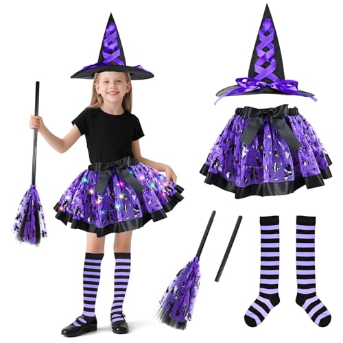HERMORRYSS Hexenkostüm Kinder, Halloween Hexenrock Mädchen mit Led-Licht, Kostüm Hexe mit Hexenhut und Schmetterlings-Haarspange, Witch Costume für Cosplay Karneval Fasching Party Mottoparty HERMORRYSS Hexenkostüm Kinder, Halloween Hexenrock Mädchen mit Led-Licht, Kostüm Hexe mit Hexenhut und Schmetterlings-Haarspange, Witch Costume für Cosplay Karneval Fasching Party Mottoparty von HERMORRYSS