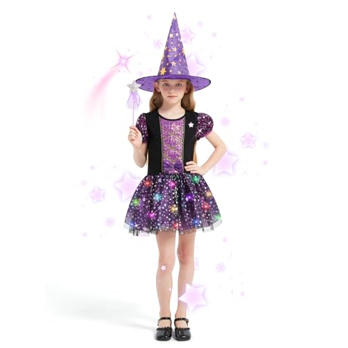 HERMORRYSS Hexenkostüm Mädchen, LED Hexenkleid Kinder, Hexe Kostüm Kinder mit Lichter, Tasche, Hexenhut und Zauberstab, Mädchen Halloween Fasching Karneval Party Bekleidung, Violett, 4 Größen (130) HERMORRYSS Hexenkostüm Mädchen, LED Hexenkleid Kinder, Hexe Kostüm Kinder mit Lichter, Tasche, Hexenhut und Zauberstab, Mädchen Halloween Fasching Karneval Party Bekleidung, Violett, 4 Größen (130) von HERMORRYSS
