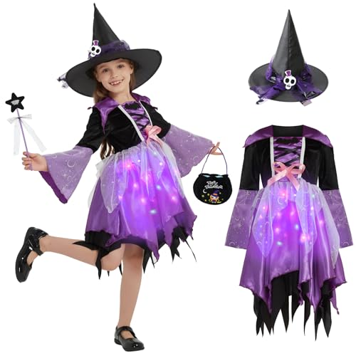 HERMORRYSS Hexenkostüm Mädchen, LED Hexenkleid Kinder mit Hexenhut, Tasche und Zauberstab, Kinder Zauberer Verkleiden Cosplay Kostüm Set, Hexe Accessoires für Mädchen Halloween Karneval Fasching (110) HERMORRYSS Hexenkostüm Mädchen, LED Hexenkleid Kinder mit Hexenhut, Tasche und Zauberstab, Kinder Zauberer Verkleiden Cosplay Kostüm Set, Hexe Accessoires für Mädchen Halloween Karneval Fasching (110) von HERMORRYSS