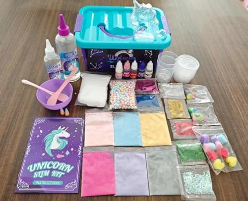 HERMORRYSS Schleim Selber Machen Set, Galaxy DIY Schleim Kit für 6+, Schleim Set zum Erstellen mit 4 Farben, Schneepulver, Bunte Teile, Sensorisches Slime Spielzeug für Kinderparty (Einhorn) von HERMORRYSS
