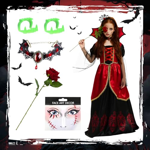HERMORRYSS Vampir Kostüm Mädchen, mit Halskette Armband Gesicht Strass Rose, Dunkelrot Vampirin Queen Dress Up, Halloween Fasching Karneval Vampir Cosplay, Gothic Kostüm für Mädchen ab 9 Jahren (L) HERMORRYSS Vampir Kostüm Mädchen, mit Halskette Armband Gesicht Strass Rose, Dunkelrot Vampirin Queen Dress Up, Halloween Fasching Karneval Vampir Cosplay, Gothic Kostüm für Mädchen ab 9 Jahren (L) von HERMORRYSS