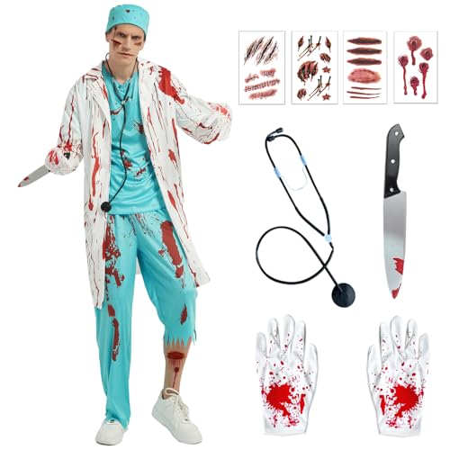 HERMORRYSS Zombie Arzt Kostüm Herren, Halloween Chirurg Kostüm, Horror Chirurg Kostüm mit Arztkittel Handschuhe Tattoo Fake Messer Stethoskop, für Erwachsene Karneval Fasching Halloween Themen (XL) von HERMORRYSS