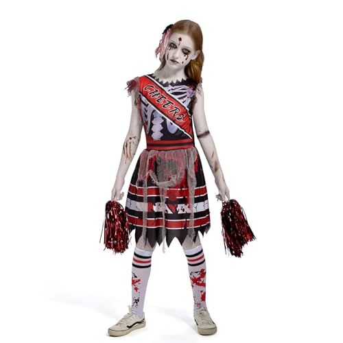HERMORRYSS Zombie Cheerleader Kostüm Mädchen, Cheerleader Zombie mit Socken und Haarschmuck, Zombie Cheerleader, Fearleader Outfit für Gruselige Halloween Anzieh Rollenspielpartys, Schwarz Rot (XL) von HERMORRYSS
