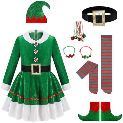 HERRTOP Grünes Elfenkostüm, Weihnachten, Halloween, Elfe, Damenkleid, Set für Kinder (140 cm) von HERRTOP