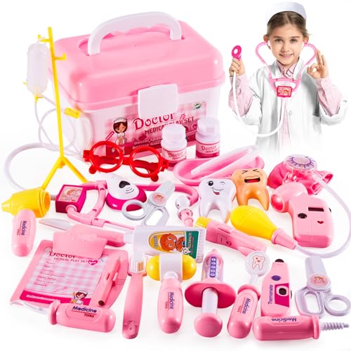 HERSITY Arztkoffer Mädchen Spielzeug 3+ Jahre Geschenkideen, Doktorkoffer Kinder Arztkittel Kind Doctor Set Rollenspiel Kinderspielzeug Geschenke Spielsachen ab 4 5 6 Jahre Kleinkinder Mädche (Rosa) von HERSITY