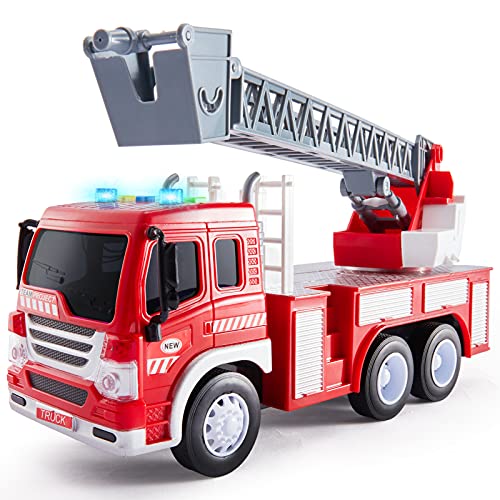 HERSITY Feuerwehr Spielzeug mit Drehleiter, Feuerwehrauto mit Sound und Licht Spielzeugauto Geschenk für Kinder Jungen 3 4 5 Jahre, 1:16 Fahrzeuge Kinderspielzeug Groß von HERSITY