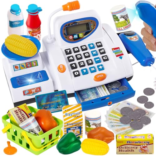 HERSITY Große Kinderkasse, Spielzeug Kasse mit Scanner und Sound Rechenmaschinen, Spiel Supermarkt Kinder Kaufladen Zubehör Rollenspiel Geschenk Jungen Mädchen 3 4 5 Jahren von HERSITY