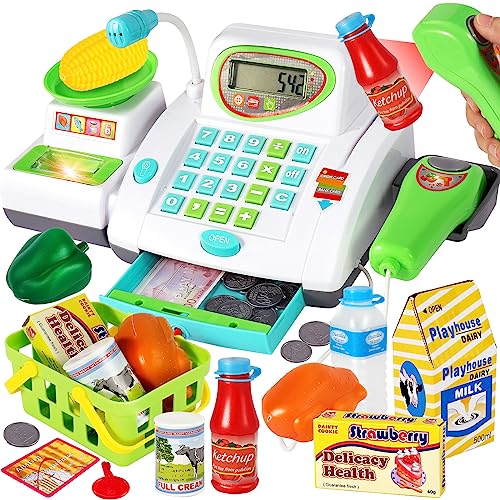 HERSITY Kaufladen Kasse Spielzeug, Registrierkasse Kinder mit Scanner Mikrofon, Große Spielkasse 31*15*12cm, Supermarktkasse mit Lichtern und Sound Rollenspiel Geschenk Jungen Mädchen 3 4 5 Jahren von HERSITY