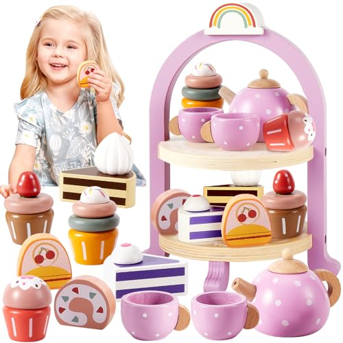 HERSITY Spielküche Zubehör Teeservice Kinder Holz, Tee Set Mädchen mit Dessert Lebensmittel Kinderküche Teekanne Spiel, Teeparty Spielzeug Geschenk für Kleinkinder 3 4 5 Jahren von HERSITY