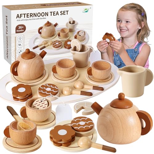 HERSITY Teeset Kinder Spielzeug Holz, Teeservice Spielküche Teeparty Set mit Teekanne Kinderküche Holzspielzeug, Rollenspiel Geschenk für Mädchen Jungen 3 4 5 Jahren von HERSITY