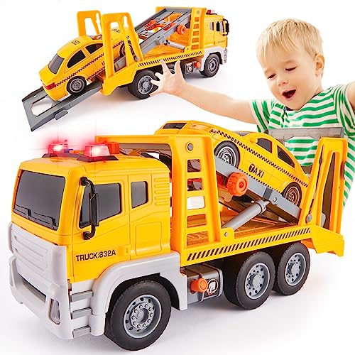 HERSITY Transporter LKW mit Taxi Auto Spielzeug Sound und Licht Abschleppwagen Push and Go Spielzeug Geschenk für Kinder ab 3 Jahre von HERSITY