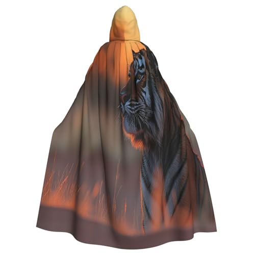 Der Tiger unter dem Sonnenuntergang Hexenkostüm – Horror-Halloween-Kostüm mit Kapuzenumhang für Herren, perfekt für Cosplay und Partys von HERTqwop
