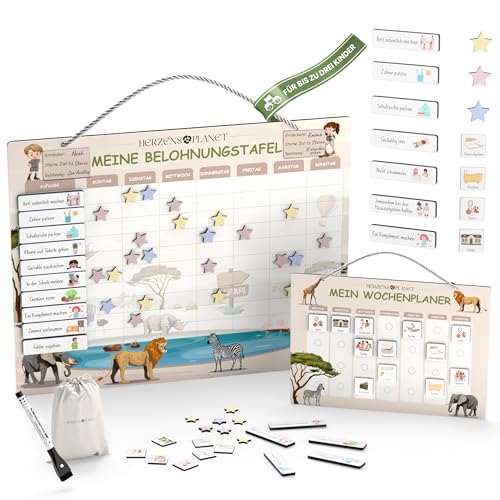 Safari Belohnungstafel Kinder – Magnettafel Kinder [100 Aufgaben] & Wochenplaner abwischbar [50 Aktivitäten] – Montessori Belohnungssystem ideal als ADHS Hilfsmittel inkl. Tasche und Stift von HERZENS PLANET