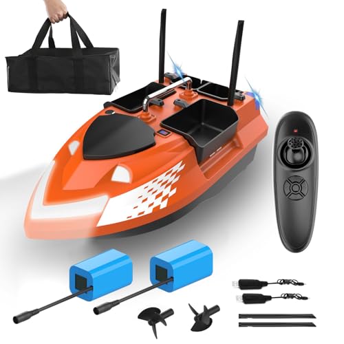 HEVMEVENI RC Köderboot zum Karpfenangeln mit 4 Köderfächern, 500M Fernbedienung, Line Drop, Tempomat, Dual 5200mAh Batterien, Hakenentriegelung & Tragetasche (Orange) von HEVMEVENI