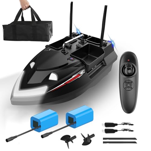 HEVMEVENI RC Köderboot zum Karpfenangeln mit 4 Köderfächern, 500M Fernbedienung, Line Drop, Tempomat, Dual 5200mAh Batterien, Hakenentriegelung & Tragetasche (Schwarz) von HEVMEVENI