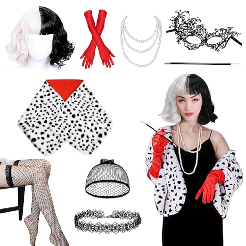 Cruella Devil Kostüm Damen, 9 PCS Perücke Cruella Deville Kostüm, Cruella Devil Perücke mit Faux Schal Handschuhe, Perückenkappe, Spitze Maske, Halsketten, Netzstrümpfe, Holder, Perlenkette Halskette Cruella Devil Kostüm Damen, 9 PCS Perücke Cruella Deville Kostüm, Cruella Devil Perücke mit Faux Schal Handschuhe, Perückenkappe, Spitze Maske, Halsketten, Netzstrümpfe, Holder, Perlenkette Halskette von HEYIDAMAI