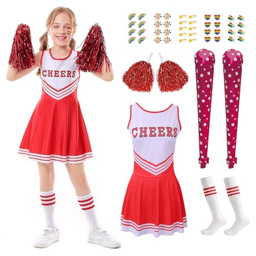 HEYIDAMAI Cheerleader Kostüm Kinder, Cheerleading Uniform Kleid, Cheerleadering Outfit Mädchen,Kostüm Cheerleader Mädchen, mit Pompons, Socken, Aufblasbare Cheer Sticks, Regenbogen Tattoos. von HEYIDAMAI