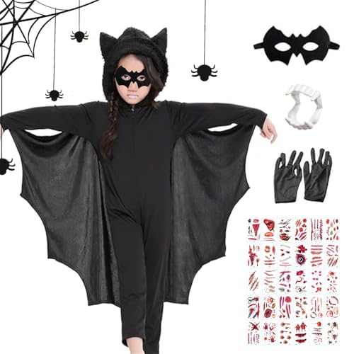 Fledermaus Kostüm Kinder, Fledermaus Cape Kinder Kostüm Overall, Mit Vampirzähne, Fledermaus Maske,Tattoo-Aufkleber und Handschuhe von HEYIDAMAI
