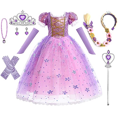 8-Teiliges Set Prinzessin Kleid Mädchen,Karneval Kostüm Mädchen,Kostüm Eiskönigin,mit Zauberstab Kinder,Krone Mädchen, 7 Zubehör,für Weihnachten Verkleidung Karneval Halloween Geburtstag Party(110 cm) von HEYOUTH