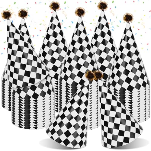 HEYTIMI 60 Stück Party-Kegelhüte mit Rennwagen-Motiv, Papierhut mit Pompons und elastischer Kordel, schwarz-weiß kariert, Dekorationen für Kinder, Erwachsene, Geburtstag, Babyparty HEYTIMI 60 Stück Party-Kegelhüte mit Rennwagen-Motiv, Papierhut mit Pompons und elastischer Kordel, schwarz-weiß kariert, Dekorationen für Kinder, Erwachsene, Geburtstag, Babyparty von HEYTIMI