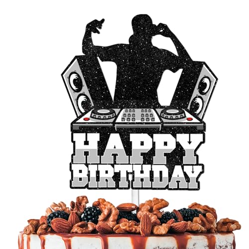 White Glitter Sound DJ Happy Birthday Cake Topper Cheer to Rock and Roll Music Theme Decor Supplies Men Women Boys Girls Birthday Party Decorations von HEYUWING