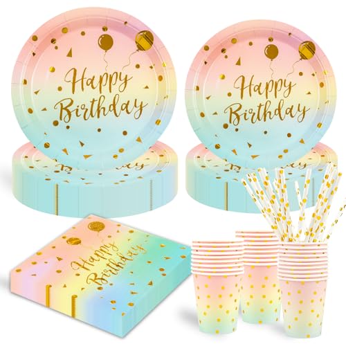125 Stück Puderblau Farbverlauf Partygeschirr Party Set ,Happy Birthday Deko Partyzubehör Pappteller für Geburtstagsdeko Junge Mädchen Partys 25 Gäste von HFBOBP