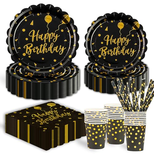 125 Stück Thema Partygeschirr Set, Schwarz und Gold Geburtstag Geschirr für Graduierung Urlaub Hochzeit Geburtstag Party Zubehör Dekorationen 25 Gäste 125 Stück Thema Partygeschirr Set, Schwarz und Gold Geburtstag Geschirr für Graduierung Urlaub Hochzeit Geburtstag Party Zubehör Dekorationen 25 Gäste von HFBOBP
