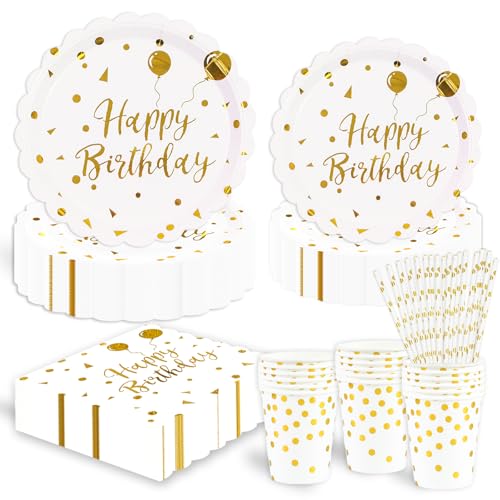 125 Stück Thema Partygeschirr Set, weiß und Gold Geburtstag Geschirr für Graduierung Urlaub Hochzeit Geburtstag Party Zubehör Dekorationen 25 Gäste 125 Stück Thema Partygeschirr Set, weiß und Gold Geburtstag Geschirr für Graduierung Urlaub Hochzeit Geburtstag Party Zubehör Dekorationen 25 Gäste von HFBOBP