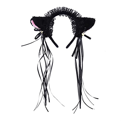 Haarreif mit Rüschen, Spitze, Kunstseide, niedliche Plüsch-Katzenohren, Quasten, Glockendekoration, Haarreifen, Lolita-Kopfbedeckung von HFFYYQ