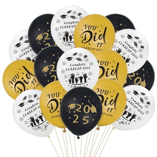 24 Stück Abschlussballon-Dekorationen, Abschlussballon-Ballons 2025, Schwarz Gold Weiß Graduate Ballon mit goldenen Bändern für Klasse 2025, Latexballon für Abschlussball Party Supplies von HFMYGS