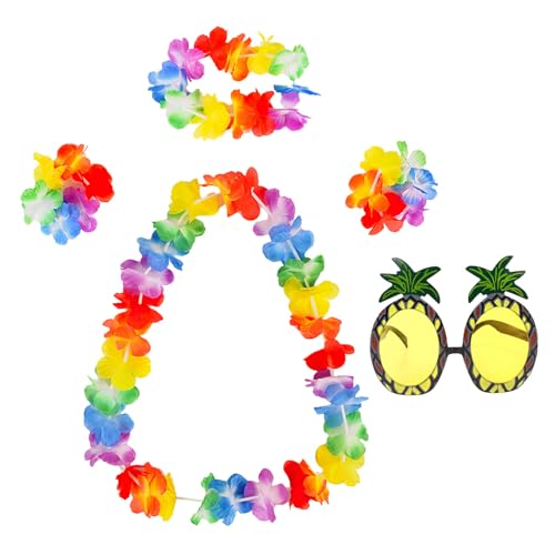 5-teiliges Hawaii-Girlanden-Set, Hawaii-Kostüm, Hawaii-Leis-Girlanden, bunte Blumenketten, Ananas-Sonnenbrille, Themenparty, Sommer, Strand, tropische Party-Dekorationen, Strandtanz für Erwachsene von HFMYGS