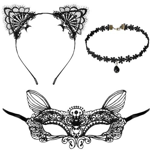 HFMYGS 3 Stück Katzenohren Stirnband, Spitze Katze Maskerade Maske, Halloween Stirnband für Frauen Mädchen, Halloween Schwarz Spitze Cosplay Katze Kostüm Haarschmuck Augenmaske Make-up Party Karneval von HFMYGS