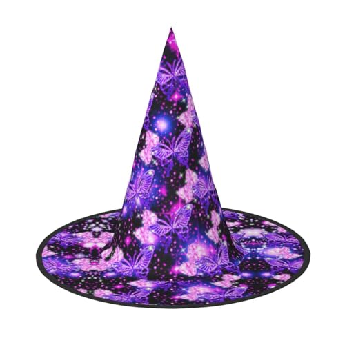 Halloween-Hexenhut für Damen, breite Krempe, faltbar, spitz, lila, Schmetterlingsdruck, 2 Stück von HGFVY