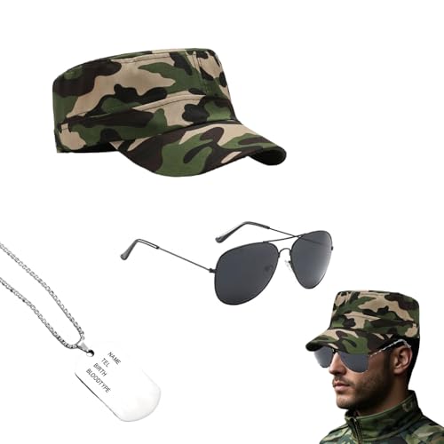HGNUT 3-teiliges Armee-Kostüm-Zubehör, Armee-Verkleidung für Jungen und Herren, inklusive Hut, Sonnenbrille und Erkennungsmarke, perfekt für Cosplay HGNUT 3-teiliges Armee-Kostüm-Zubehör, Armee-Verkleidung für Jungen und Herren, inklusive Hut, Sonnenbrille und Erkennungsmarke, perfekt für Cosplay von HGNUT
