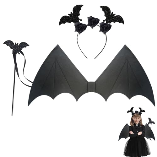 HGNUT Das schwarze Engelskostüm, einschließlich Stirnbänder, Stöcke und Fledermausflügel, ist speziell für Halloween-Partys entwickelt, geeignet für alle Altersgruppen und Geschlechter, hilft Ihnen von HGNUT