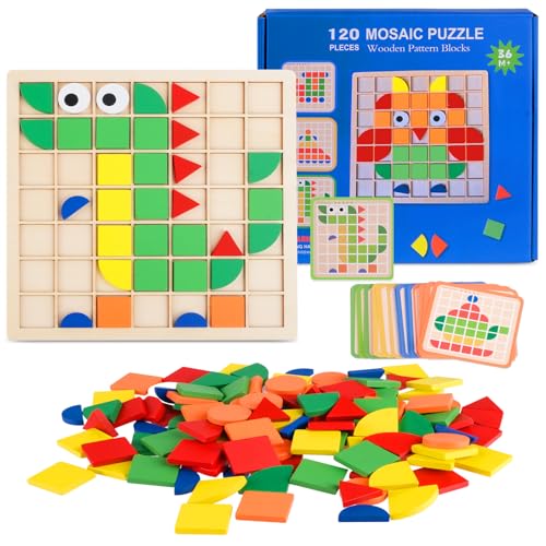 120PCS Mosaik Holzpuzzle, Montessori Spielzeug ab 3 4 5 6 Jahre, Tangram Kinder, Hölzerne Muster Blöcke Set mit 20 Designkarten, Geometrische Formen Holzpuzzles, Lernspielzeug Geschenk für Kinder 120PCS Mosaik Holzpuzzle, Montessori Spielzeug ab 3 4 5 6 Jahre, Tangram Kinder, Hölzerne Muster Blöcke Set mit 20 Designkarten, Geometrische Formen Holzpuzzles, Lernspielzeug Geschenk für Kinder von HGRGHH