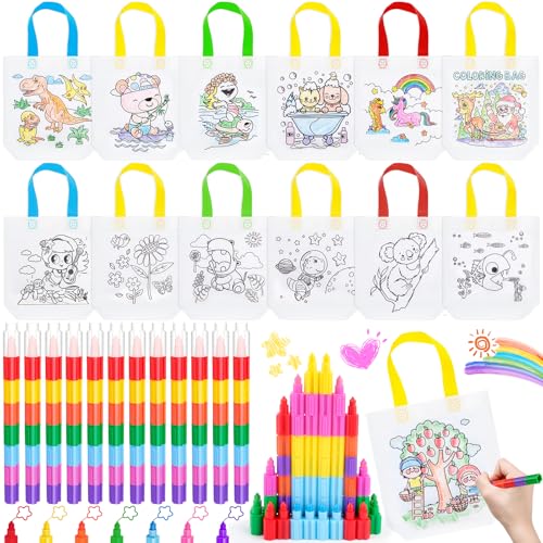 HGRGHH Taschen zum Bemalen für Kinder, 12 Stück Stoffbeutel zum Bemalen mit 12 Stück Stapelbare Wachsmalstifte(7 Farben in 1), Non-Woven DIY Kinder Stoffbeutel Set für Mitgebsel Kindergeburtstag von HGRGHH