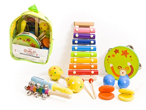 HH POLAND Instrumente im Rucksack Satz Musikspielzeug Musikinstrumente Set für Kleinkinder, Vorschulkinder Holzinstrumente für Kinder ab 3 Jahren, 7-teilig von HH POLAND