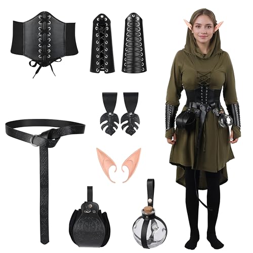 HHCSVJHS Mittelalterliches Fantasie-Kostüm-Set (7-teilig) – Lederarmbänder, Elfenohren, Rittergürtel und mehr für Cosplay/Renaissance-Messen, Schwarz, Übergröße von HHCSVJHS