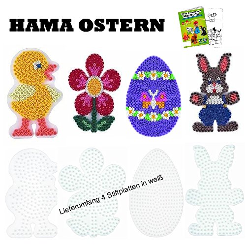 HAMA Stiftplatten-Set midi Ostern Osterei + Küken + Häschen + Blume + Malheft von HHO