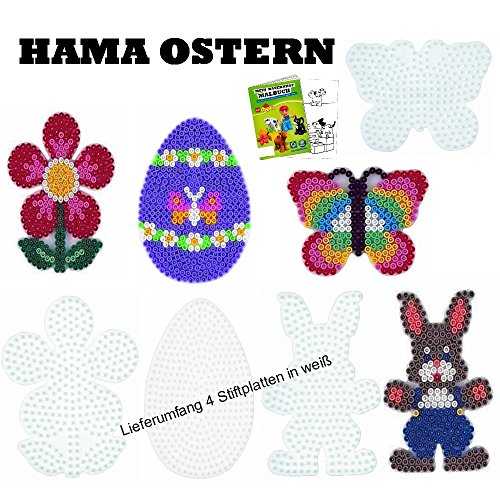 HAMA Stiftplatten-Set midi Ostern Osterei + Schmetterling + Häschen + Blume + Malheft von HHO