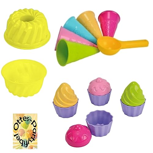 HHO Sandspielzeug: 1 Kuchen-Sandform + 5 Eistüten + 1 Portionierer + 8tlg. Cup Cake Sandförmchen Sandkasten Kindergarten von HHO