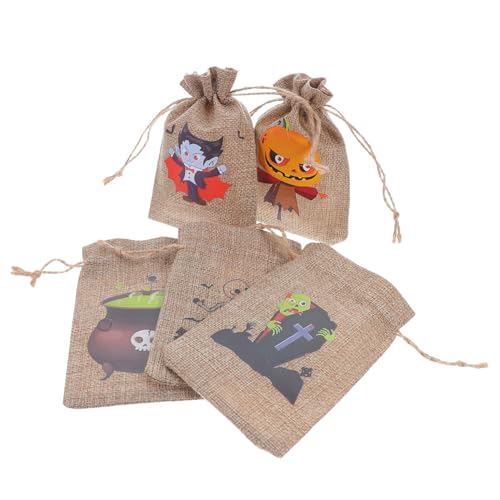 HIAKDOFT 10 Stück Teiliges Halloween Sackleinen Beutel mit Kordelzug Wiederverwendbare Kleine Geschenktüten mit Kürbis und Gruselmotiven Robuste Halloween Goodie Bags für Süßigkeiten und von HIAKDOFT