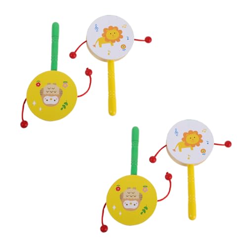 HIAKDOFT 4 Stück Teiliges Holz Handtrommel Set mit Drehbaren Handtrommeln Cartoon Löwe und Eule Design Sichere Natürliche Holztrommeln für Kleinkinder Musikalisches Lernspielzeug für von HIAKDOFT