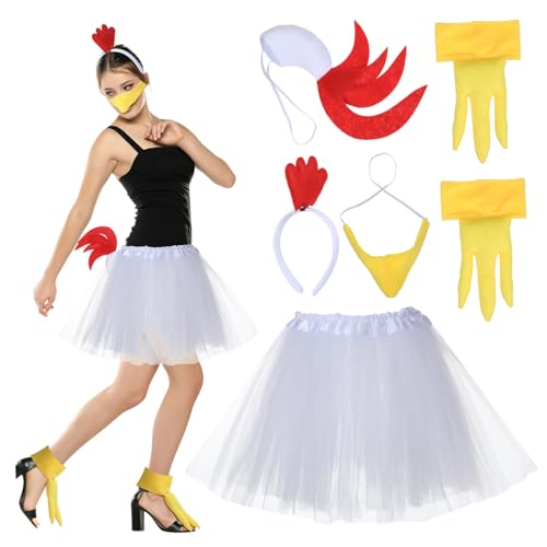 HIAKDOFT Hühnerkostüm Set Teilig mit Weißem Federhaarreif Tutu Rock und Claw Handschuhen Atmungsaktiv Bequem für Halloween Karneval Party und Festtagskostüm von HIAKDOFT