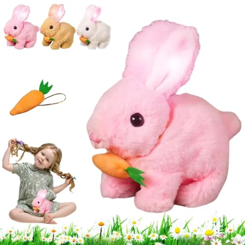 My Realistic Bunny Toy, Lieblicher Interaktiver Plüschhase mit Karotte - Hüpfen, Zucken und Wackelnde Ohren, Interaktiver Spaß, Elektronisches Osternhasen-Spielzeuggeschenk für Kinder (Rosa1) von HIAME