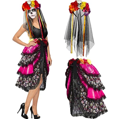 2 Stück Tag der Toten Kostüm Set Tag der Toten Rock zum Binden und Blumen Haarreif mit Schleier Halloween Accessoires Totenkopf Haarschmuck Verkleidung für Damen Mädchen (Rosarot, S) von HICARER