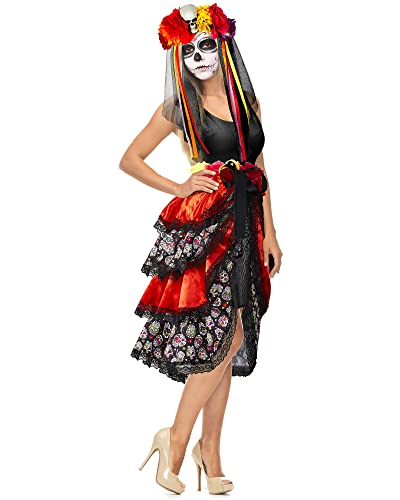 2 Stück Tag der Toten Kostüm Set Tag der Toten Rock zum Binden und Blumen Haarreif mit Schleier Halloween Accessoires Totenkopf Haarschmuck Verkleidung für Damen Mädchen (Rot, S) von HICARER